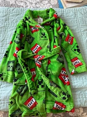 Kids Green Minecraft Fleece Robe with Creeper & TNT Pattern